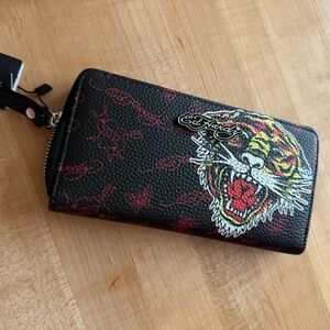 Ed Hardy Black and Red Wallet with Tiger Motif